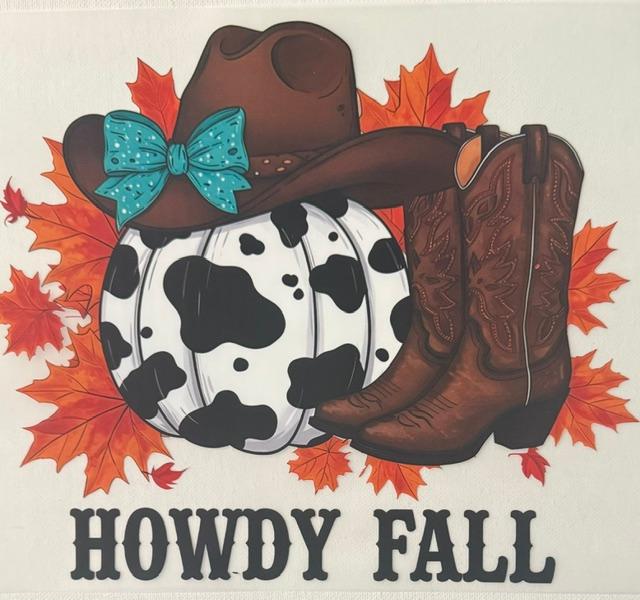 Howdy Fall - cow print pumpkin, teal bow on hat, boots