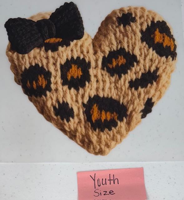 Tan Cheetah heart, black bow-youth size