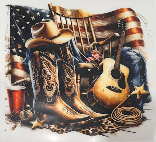 Western- hat, boots, chair, guitar, flag, rope