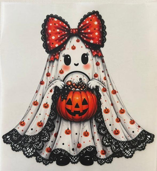 Ghost - orange bow, holding pumpkin