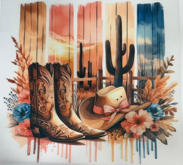 Western-boots, hat, cactus, flowers