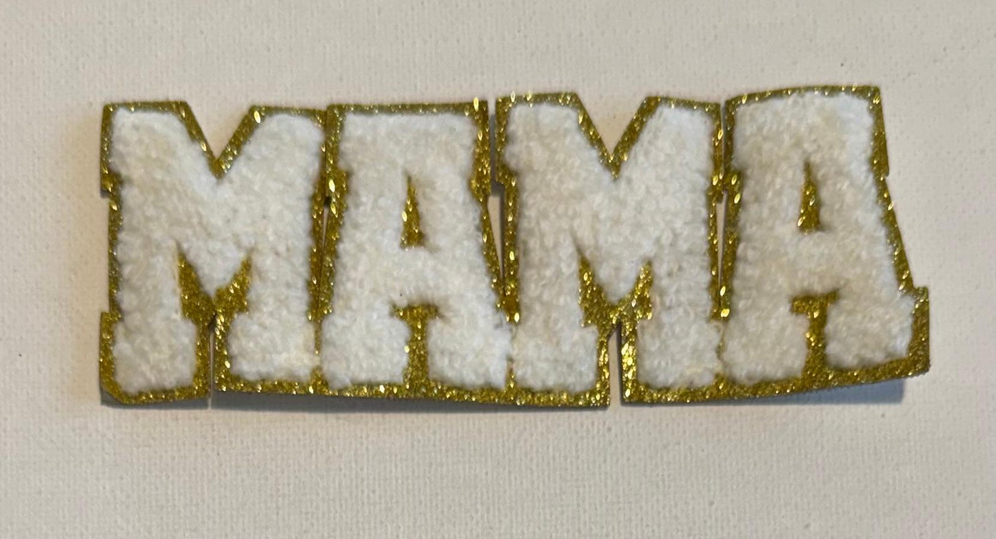 Mama hat patch. white, gold outline