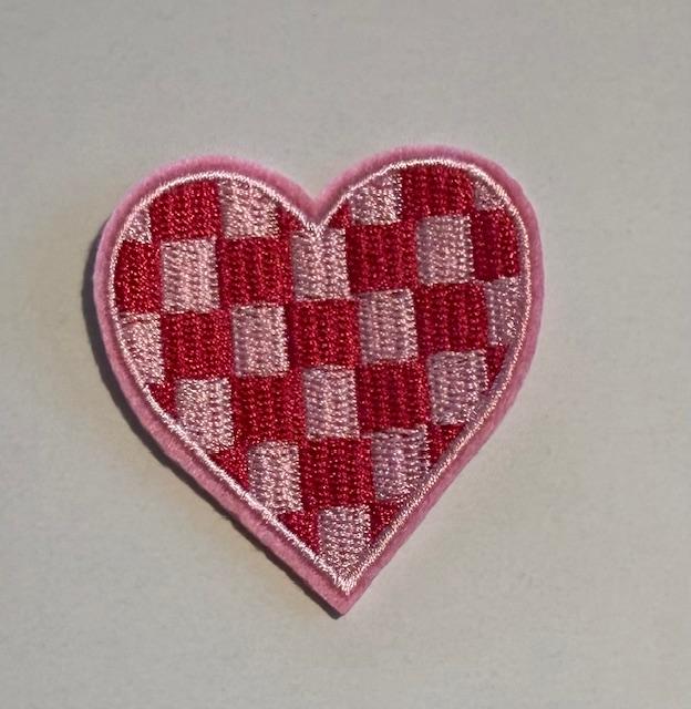 Checkered pink/hot pink heart hat patch