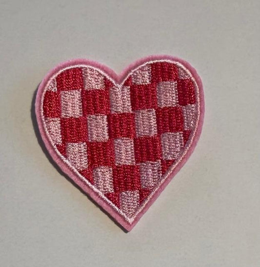 Checkered pink/hot pink heart hat patch