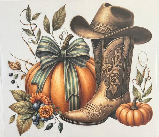 Fall - Big pumpkin, hat on boots, small pumpkin