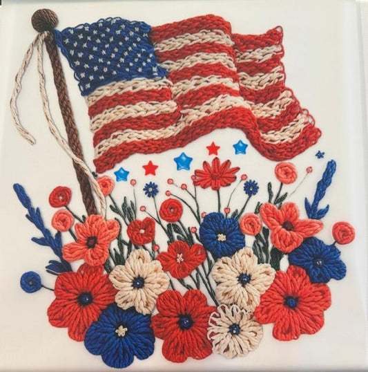 Am flag, red white & blue flowers