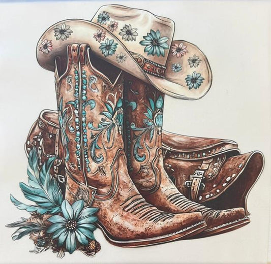 Brown boots, tan hat, teal flowers