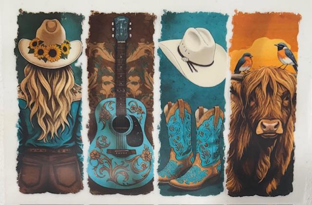 Western Cowgirl, teal guitar, hat & teal Boots, Cow