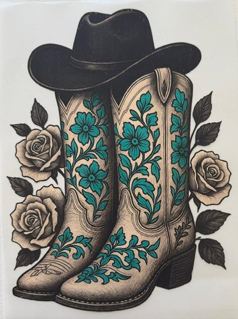 Black hat on boots w/ teal flowers