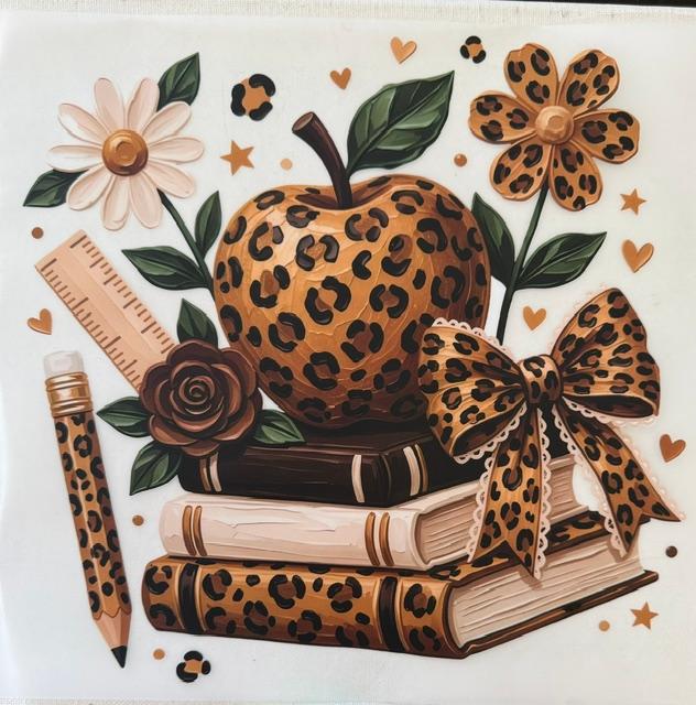 Teacher - cheetah apple, bow, flower & books