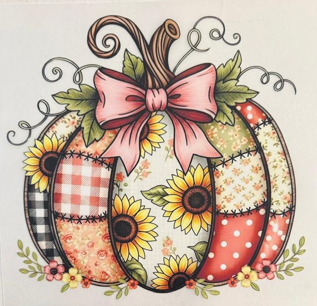 Fall patch work pumpkin, pink bow