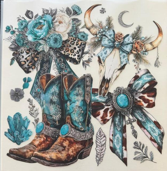 Western - brown/teal boots, bows
