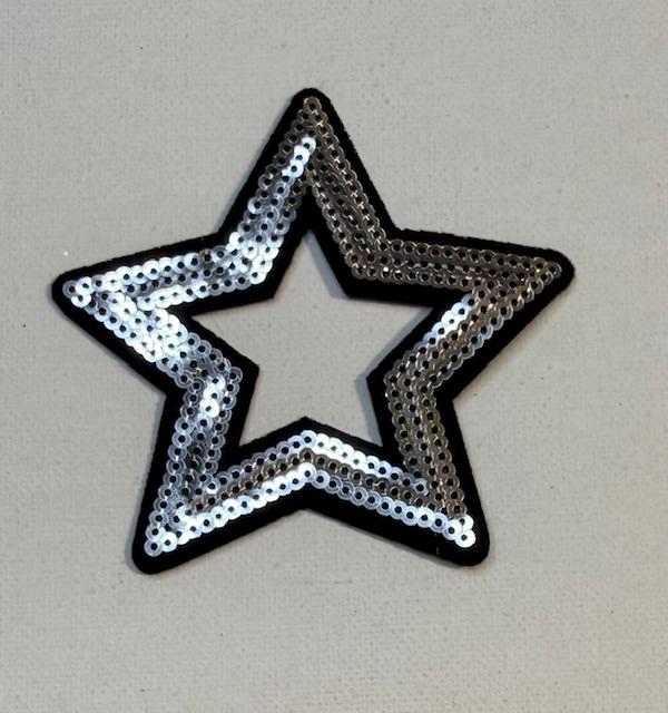 Black/silver outlined open star hat patch
