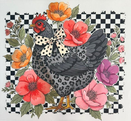 Chicken, checkered background , flowers