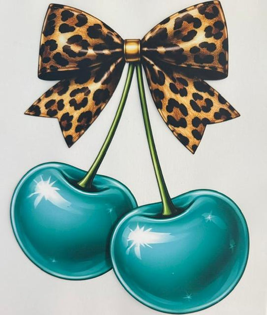 Teal cherries, cheetah bow