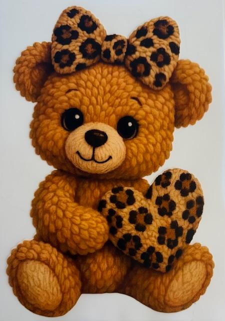 Bear w/ cheetah bow, holding cheetah heart