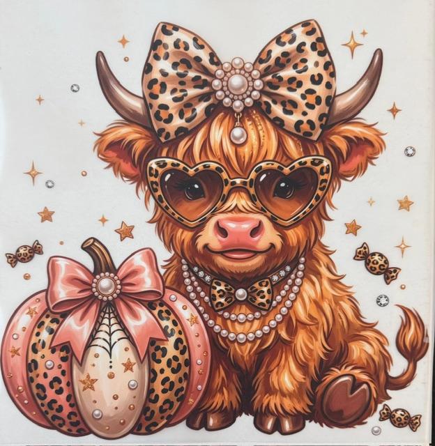 Fall Cow - cheetah bow/ pink pumpkin