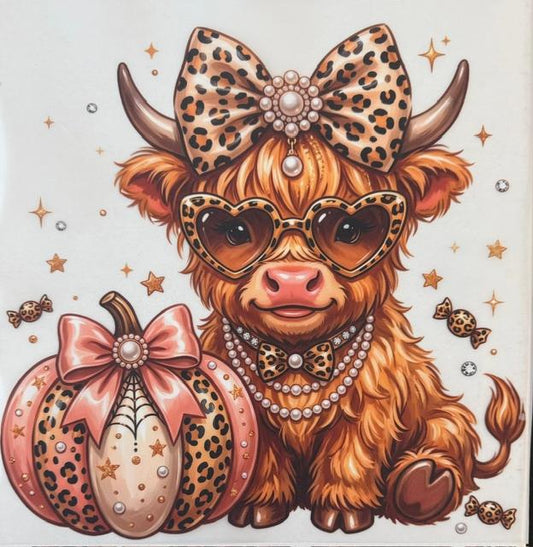 Fall Cow - cheetah bow/ pink pumpkin