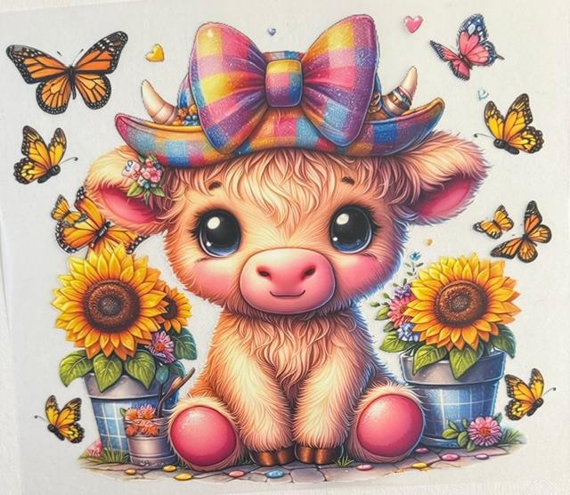 Cow - colorful checkered bow, many butterflies