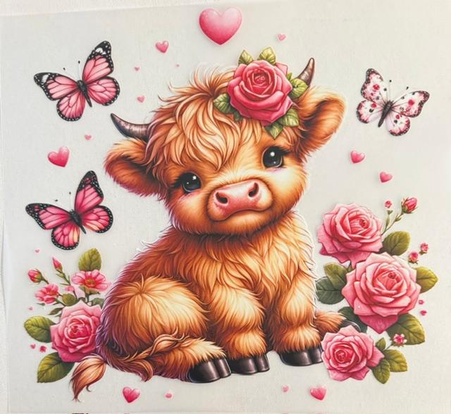 Cow - pink flowers, 3 butterflies