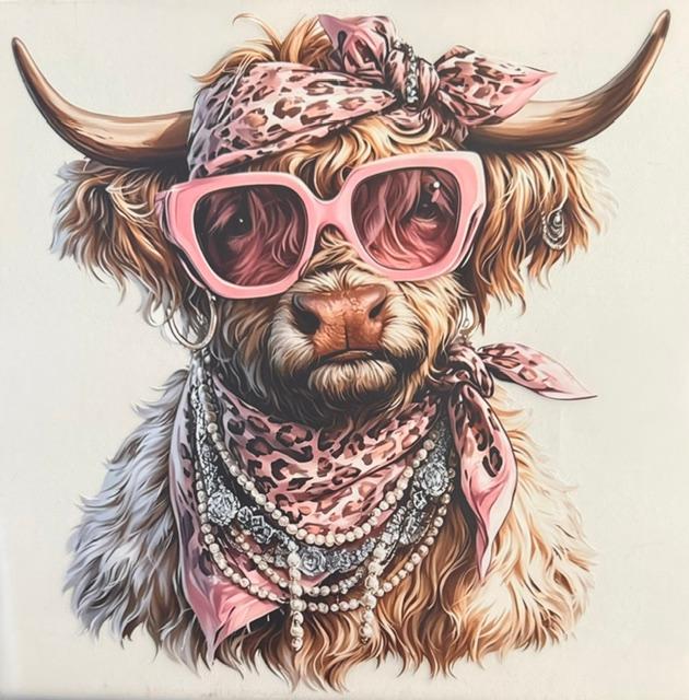 Cow - pink glasses/cheetah bandana on head