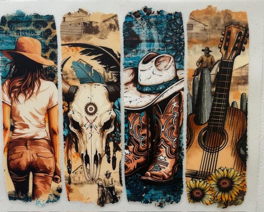 Western scene-cowgirl,Skull, boots/hat, guitar