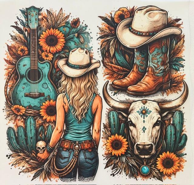 Cowgirl-teal guitar, sunflowers