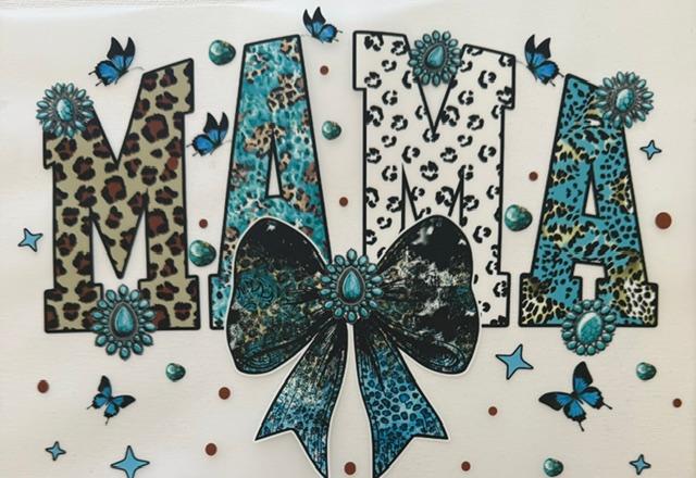 Mama - teal bow/conchos, butterflies