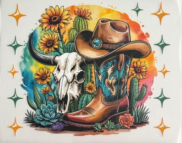 Western - skull, sunflowers, boots & hat - stars on sides