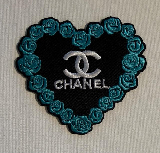 CC Heart outlined in teal roses hat patch