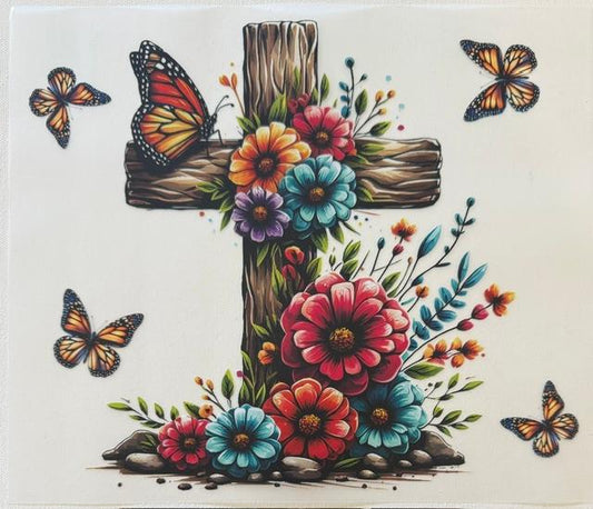 Cross with colorful flowers/butterflies