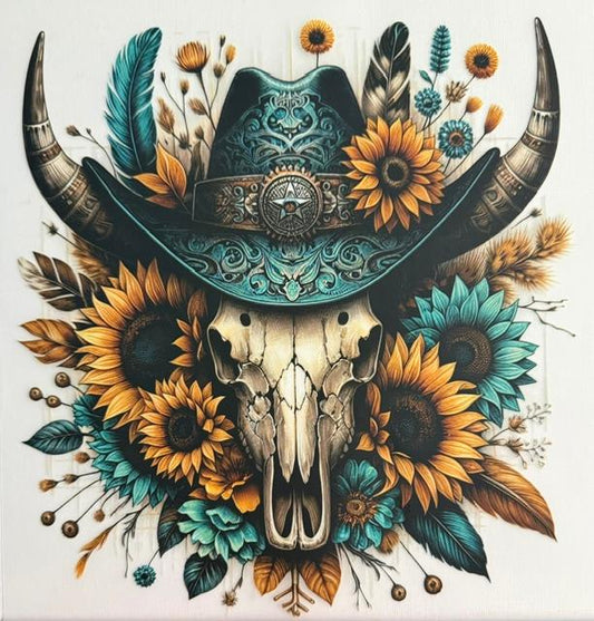 Skull - teal hat, sunflowers
