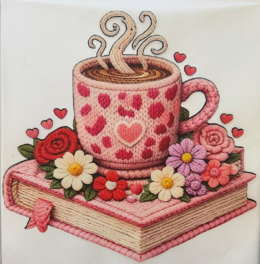 Coffee on book with flowers-pink