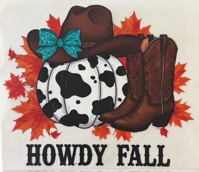 Howdy Fall - teal bow on hat, cowhide pumpkin