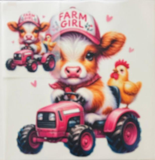 Cow on pink btractor -Farm girl hat-2pc set