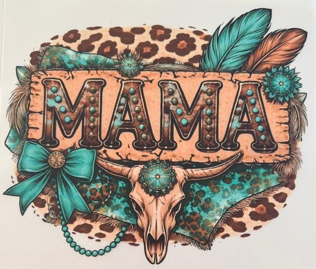 Mama - western, teal bow, feathers
