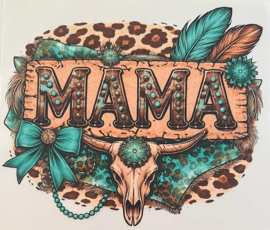 Mama - western, teal bow, feathers