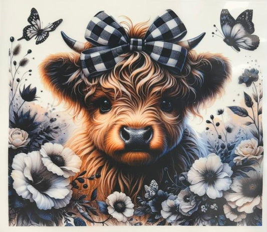 Cow - black checkered bow, white flowers