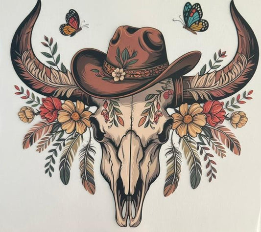Skull w/ hat, 2 butterflies, flowers, feathers