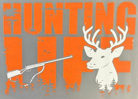 Hunting Life, orange letters, white deer