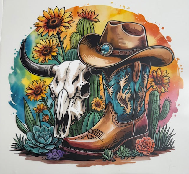 Western-hat, boots, skull
