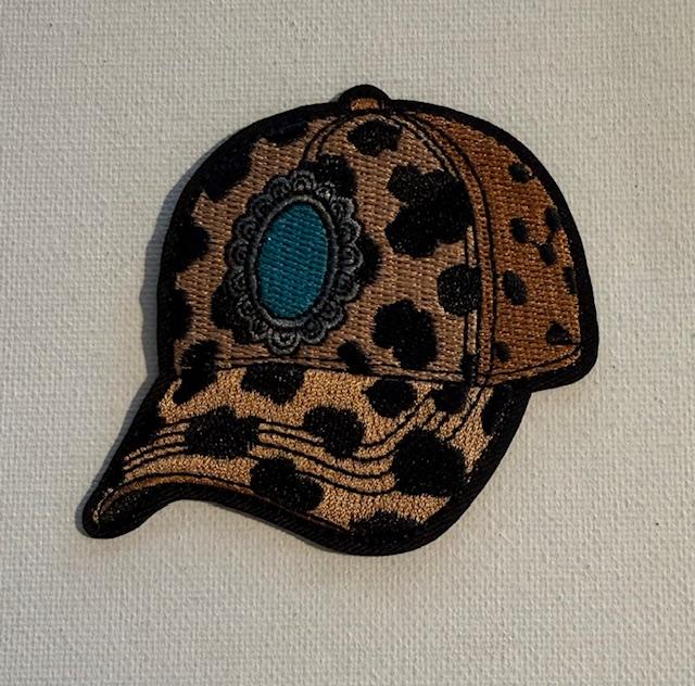 cow print hat, teal concho hat patch