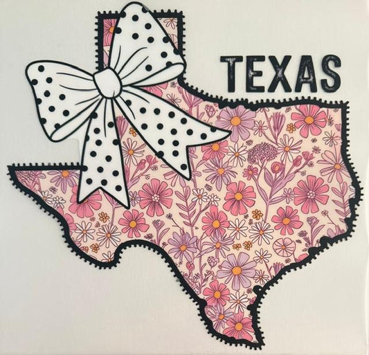 Texas, white poka dot bow, pink/purple flowers