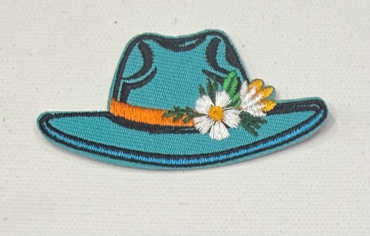 Teal western hat patch w/ white flower