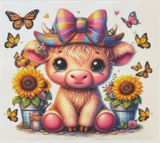 Cow, pastel bow. 2 sunflowers
