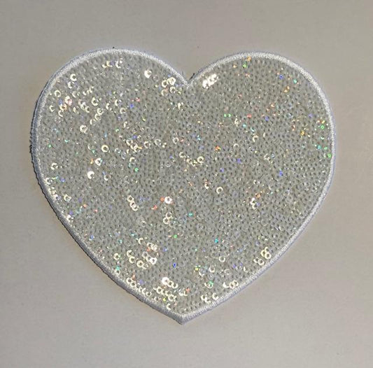 White Iridescent sequin heart hat patch