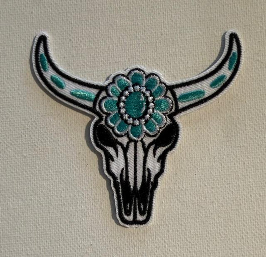 Skull w/ teal concho, teal on horns hat patch