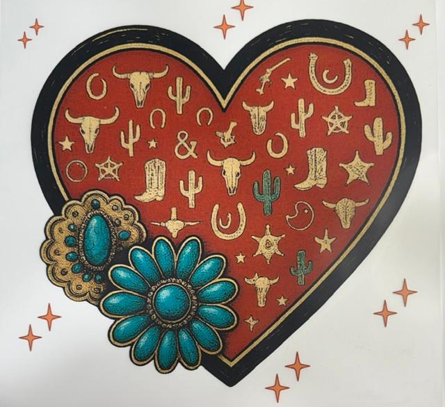 western - big red heart, teal
