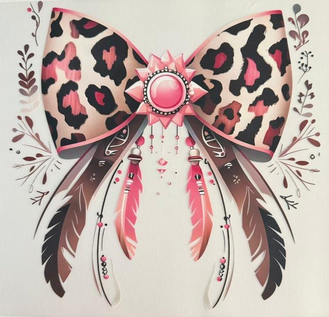 Pink Cheetah bow, feathers