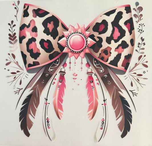Pink Cheetah bow, feathers